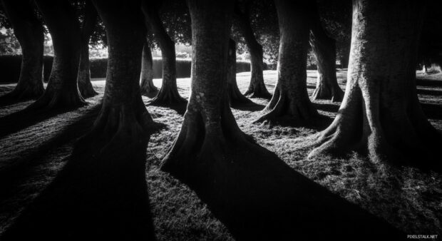 Dark forest background with towering trees and deep shadows.