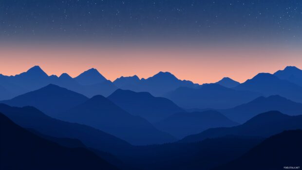 Dark mountain peaks silhouetted against a star filled night sky.