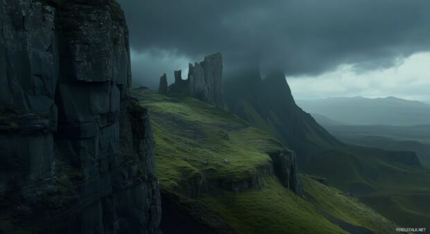 Dark mountains shrouded in mist.