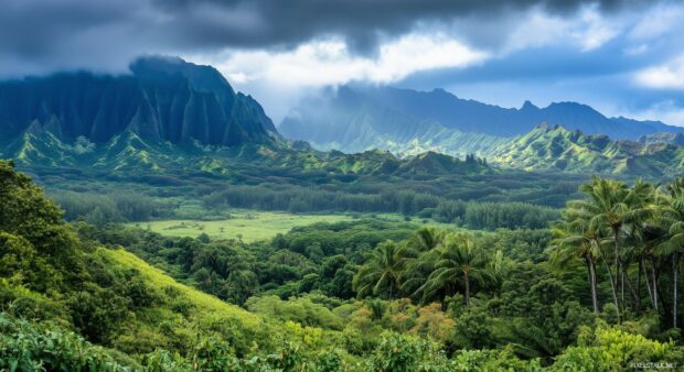 Dark, night mountains shrouded in mist under a dramatic stormy sky.