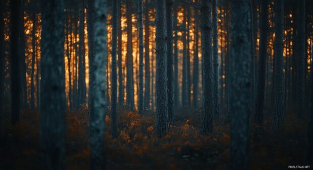 Dark, peaceful forest with a soft glow illuminating the edges of tree trunks and branches, creating an elegant and clean contrast.