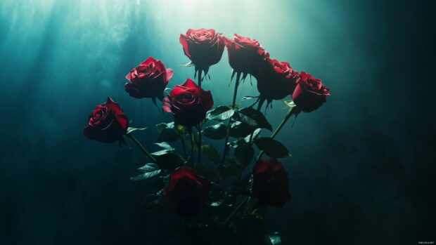 Dark roses in a shadowy setting.