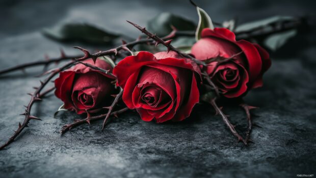 Dark roses intertwined with thorns, casting shadows on a softly lit surface, creating a dramatic and intense visual effect.