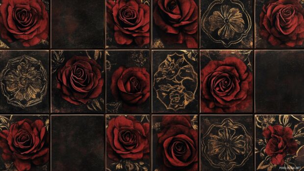 Deep red roses HD wallpaper with intricate gold accents.