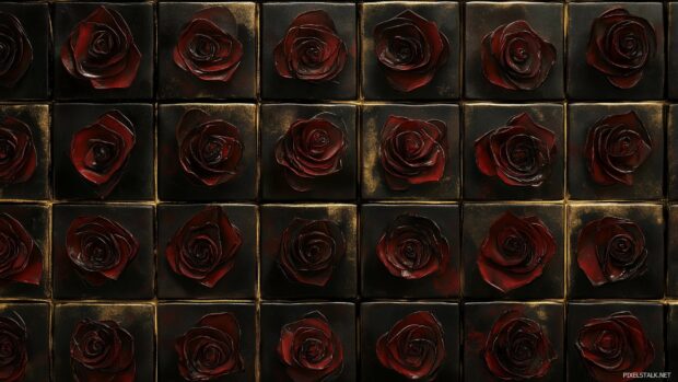 Deep red roses with intricate gold accents.