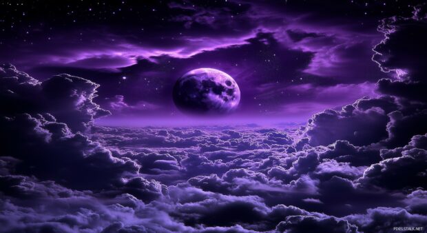 Deep violet clouds illuminated by the moonlight in a twilight sky, giving off an otherworldly glow, perfect for a night themed aesthetic.