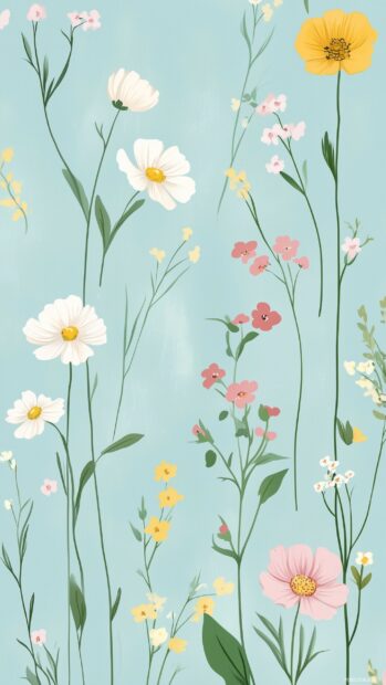 Delicate hand drawn wildflowers and tiny green leaves on a soft baby blue background.