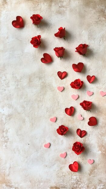 Delicate red roses scattered over a creamy white backdrop with tiny pink hearts for a Cute Valentines Day Wallpaper.