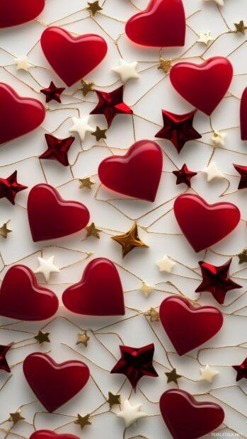 Delicate tile pattern of tiny red hearts, stars, and minimalist golden accents on a white background for an elegant Valentines theme.