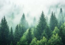 Dense Forest Wallpaper HD with towering evergreens and soft light filtering through the fog.