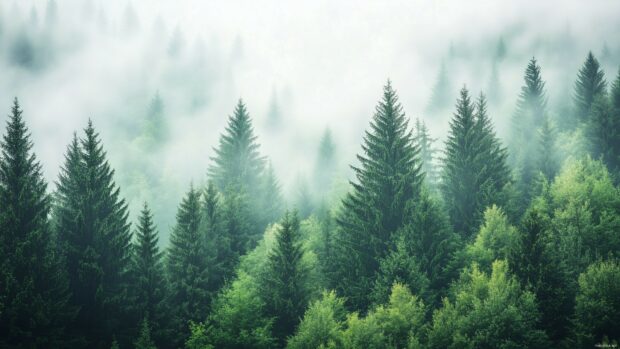 Dense Forest Wallpaper HD with towering evergreens and soft light filtering through the fog.