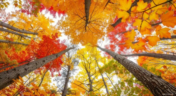 Dense fall forest with tall trees, Autumn tree wallpaper HD.