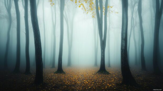 Dense fog enveloping a quiet forest, soft light peeking through the mist and illuminating the forest floor.