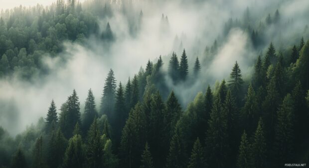 Dense, misty forest Nature 1080p HD Image with towering evergreens and soft light filtering through the fog.