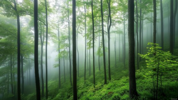 Dense, misty forest with towering evergreens and soft light filtering through the fog.