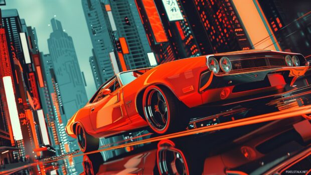 Desktop 1080p HD wallpaper with a cool car in a cyberpunk cityscape with towering skyscrapers.