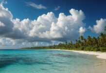 Desktop 1080p HD wallpaper with a secluded beach, palm trees swaying in the wind, and a sky filled with billowy white clouds.