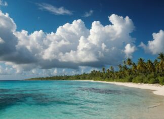 Desktop 1080p HD wallpaper with a secluded beach, palm trees swaying in the wind, and a sky filled with billowy white clouds.