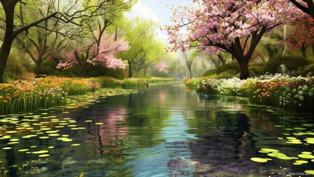 Desktop 1080p HD wallpaper with a tranquil spring lake surrounded by blooming trees and flowers.