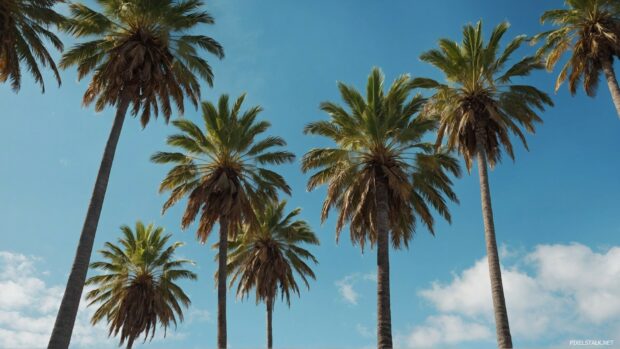 Desktop 1080p HD wallpaper with palm trees standing tall against a clear blue sky, their fronds gently rustling in the ocean breeze.