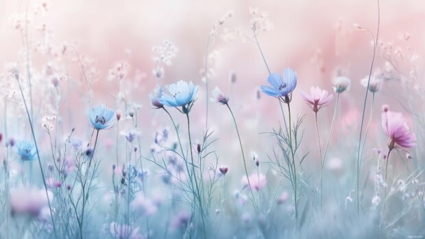 Desktop 4K image with a delicate bouquet of wildflowers in soft pastel watercolor strokes.