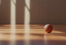 Desktop Wallpaper 1920x1080 with a basketball resting on a polished hardwood court.