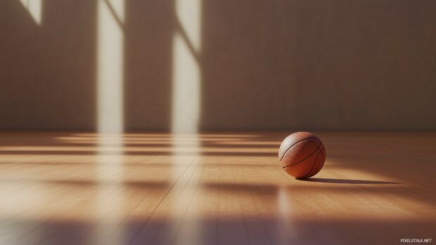 Desktop Wallpaper 1920x1080 with a basketball resting on a polished hardwood court.