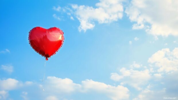 Desktop Wallpaper 1920x1080 with heart shaped balloon floating in a sky blue background.