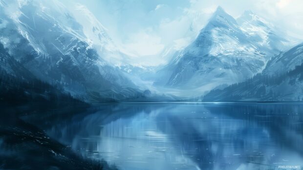 Desktop wallpaper 1080p HD with a serene cool toned mountain lake reflecting snow capped peaks.