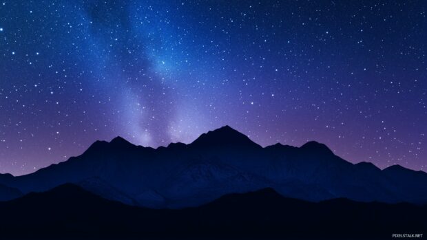 Desktop wallpaper 1920x1080 Full HD with a majestic mountain range silhouetted against a starry night sky with the Milky Way visible.