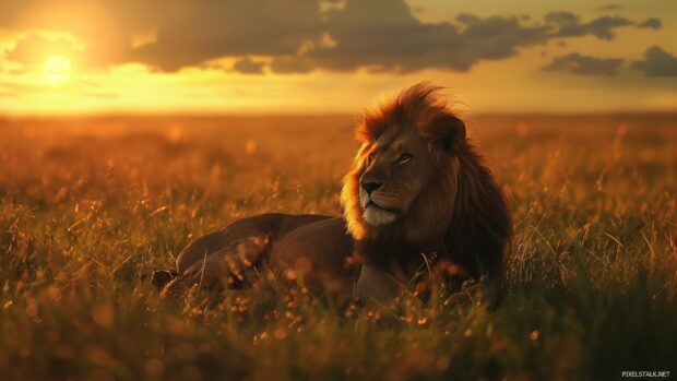 Desktop wallpaper 1920x1080 with a majestic lion resting in the African savanna during golden hour.