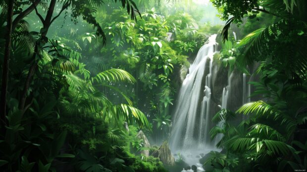 Desktop wallpaper HD with a tropical rainforest with lush vegetation and a cascading waterfall.