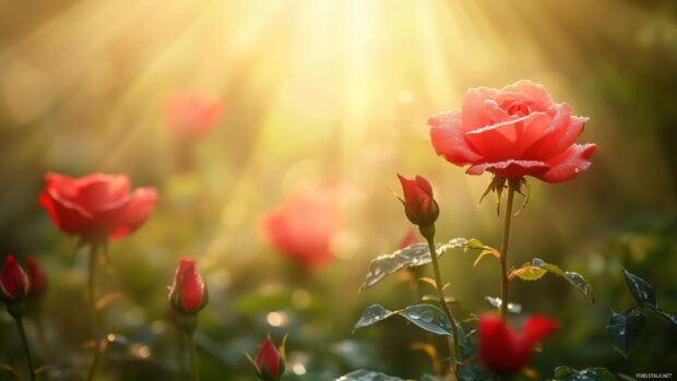 Dew covered red roses in a garden at dawn, capturing the beauty of nature.