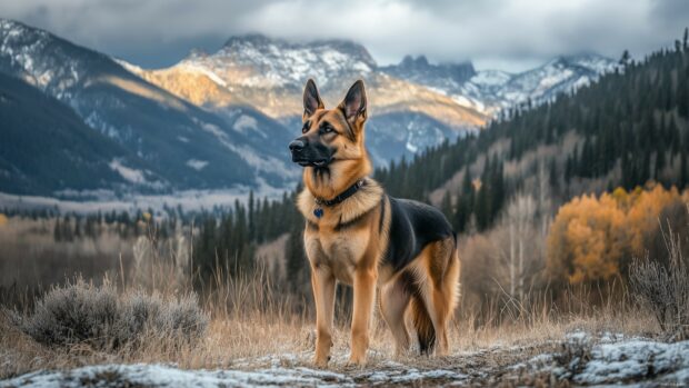 Dog Background 4K with a majestic German Shepherd standing proudly in front of a mountain backdrop.