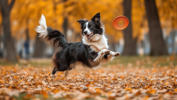 Dog Wallpaper HD for PC with a Border Collie mid jump, catching a frisbee in a park.