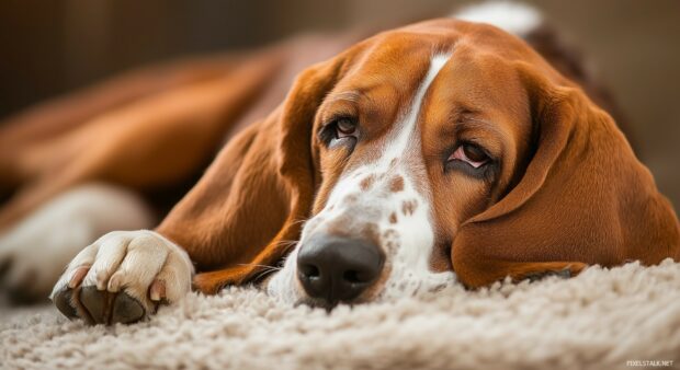 Dog Wallpaper HD with a Basset Hound with long droopy ears, lounging on a plush rug.