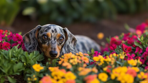 Dog Wallpaper HD with a cheerful Dachshund peeking out from a colorful flower bed.