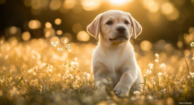  Dog background for desktop with a playful Labrador Retriever puppy running through a sunlit field of tall grass.