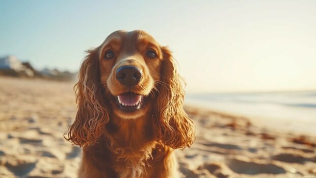 Dog desktop Wallpaper HD with a Cocker Spaniel with long, wavy ears, enjoying a sunny day at the beach.