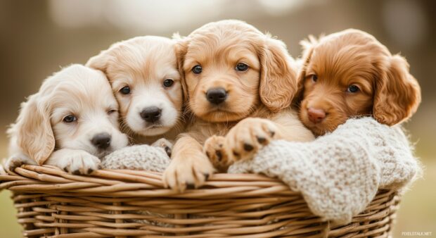  Dog desktop background with a group of puppies cuddling together in a wicker basket.