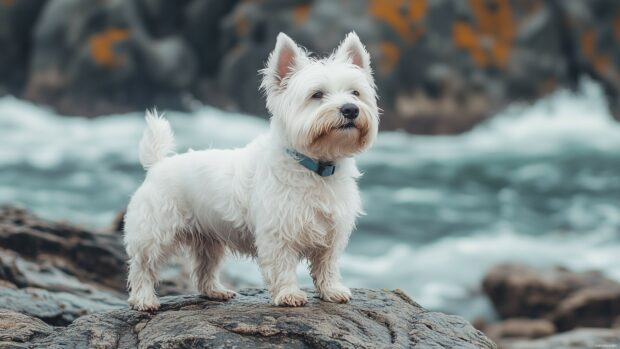 Dog desktop wallpaper 4K with a West Highland White Terrier standing on a rocky shore, with the ocean waves behind.