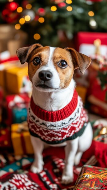 Dog in a cozy Christmas sweater, sitting among colorful holiday presents with a festive background.