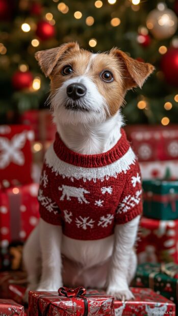 Dog in a cozy Christmas sweater, sitting among colorful holiday presents with a festive background for phone.