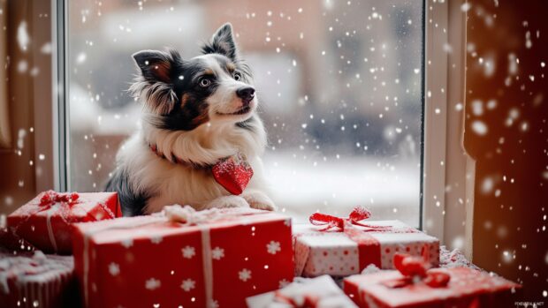 Dog joyfully interacting with a pile of Christmas gifts and decorations.