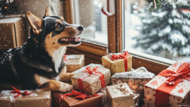 Dog joyfully interacting with a pile of Christmas gifts and decorations, with a snowy winter scene outside the window.