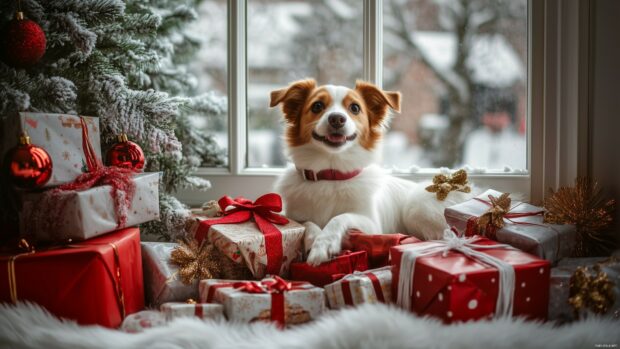 Dog joyfully interacting with a pile of Christmas gifts and decorations, with a snowy winter scene outside the window.