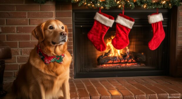 Dog sitting by a fireplace with Christmas stockings hanging, wearing a festive collar.