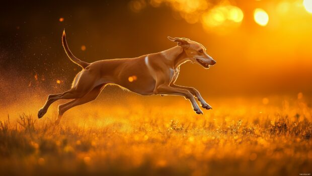 Dog wallpaper 4K for PC with a Whippet gracefully running through a field at sunset.