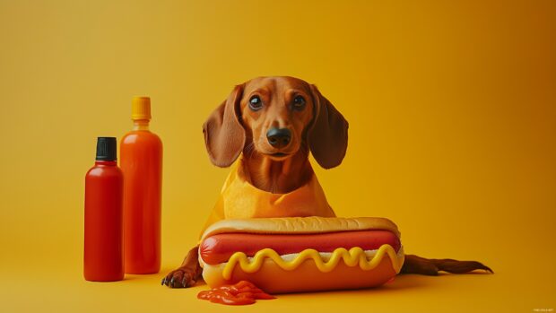 Dog wallpaper 4K with a Dachshund dressed as a hot dog, with ketchup and mustard bottles beside it.