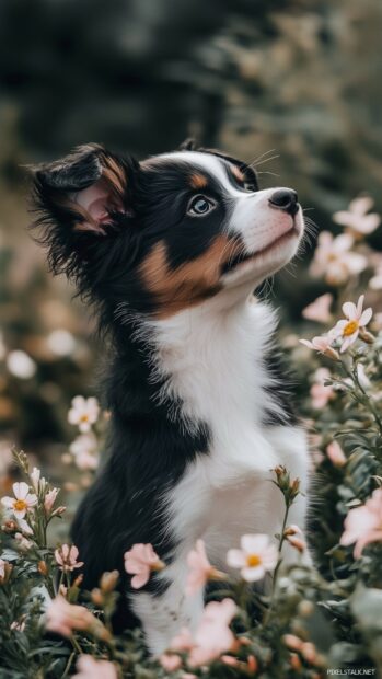 Dog wallpaper for phone with a Border Collie puppy with a curious expression, exploring a garden filled with blooming flowers.